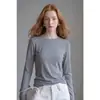 Camiseta de Seda Lino con Textura de Copo de Nieve para Mujer, Top Básico de Manga Larga de Lino Lyocell Morandi para Otoño