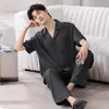 Pijama Nuevo de Verano para Hombre, Cómodo Cardigan de Algodón Puro de Manga Corta, Pantalón Largo Casual, Color Sólido, Estilo Delgado Simple, Ropa de Casa con Cuello de Solapa