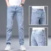 Jeans Masculino de Seda de Gelo Azul Claro de Alta Qualidade Italiano Verão Fino Corte Reto Slim Fit Stretch Casual de Negócios Calças Longas