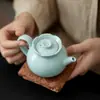 Bule de Chá Florido de Cerâmica Azul Estilo Dinastia Tang e Song com Filtro de Furo de Bola, Cor Azul Céu Simples, Adequado para Uso Doméstico