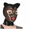 Capuz Sexy de Látex Máscara de Látex com Zíper Role-Playing Cosplay Capuz com Orelhas de Gato