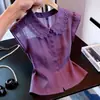 Camisa feminina roxa, de manga curta, com gola Peter Pan, customizada, estilosa e moderna, com acabamento em renda para o verão, emagrecedora e que reduz a idade