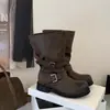 Botas de Caballero Pleated Versátiles para Mujer de Principios de Otoño 2026, Estilo Vintage con Hebilla de Cuero Desgastado, Punta Redonda