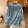 Suporta (TikTok transfronteiriço, Shopee, Loja TIMU, Xiyin) camisa feminina de algodão e linho com botões e mangas três quartos