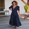 Vestidos Populares Europeus e Americanos Transfronteiriços, Roupas Femininas de Alto Padrão, Vestido Longo de Renda com Botões e Cadarço em V, Vestido Elegante e Sofisticado Estilo Francês