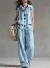 Conjunto de Top com Capuz Casual Soltinho Sem Mangas Multicor Novo de Verão de Marca Independente + Calça Wide Leg de Cintura Alta