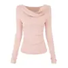 Suéter de punto suave color albaricoque, cuello suelto, manga larga para mujer, top tipo camiseta, para ir al trabajo, prenda interior, capa base de suéter, talla única