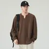 Camiseta de Manga Larga con Cuello en V y Textura para Hombre, Primavera/Otoño 2026, Holgada Casual de Color Sólido, Capa Base Retro