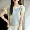 Suéter de Punto Jacquard de Color Contrastante Tencel con Cuello Redondo y Manga Corta para Mujer, Nuevo para Primavera/Verano 2026, Ajuste Holgado, Camisa Base de Punto Adelgazante