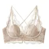 Sujetador de encaje estilo francés con escote halter en V profunda para mujer, minimiza los bustos grandes, sin aros, proporciona soporte y elevación, soporte lateral para ocultar los senos laterales, lencería sexy y seductora