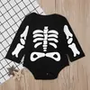 Macacão Infantil Europeu e Americano para Meninos e Meninas, Primavera e Outono, Manga Longa, Estampado com Alfabeto, Esqueleto de Osso de Halloween, Hayi ins