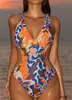 2027 Novo Maiô Estampado Europeu e Americano para Mulheres, Costas Nuas Sexy com Decote em V Profundo, Moda Praia de Tiras Cruzadas, Moda Praia de Comércio Exterior Transfronteiriço