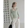 Camiseta AUDIST de manga larga para mujer, diseño de lunares verdes, cuello halter, efecto dos piezas, ajuste ceñido, diseño de otoño 2026