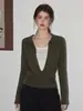 Suéter de malha com lapela em blocos de cor verde café, estilo coreano minimalista de duas peças "V Hidden Light" para mulheres, top versátil