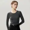 Suéter de malha fina sem costura, calibre 18, 80 fios, 100% lã Merino, com gola redonda, camisa base de malha feminina confortável e versátil