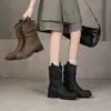 Estilo casual~ Botas de cano médio com salto grosso e bico redondo retrô, botas de cavaleiro com salto grosso de 4 cm, novas botas Martin empilhadas femininas para outono e inverno
