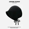 Gorro de Punto Versátil Estilo Coreano con Borde Enrollado y Cordón para Mujer, Cálido para Otoño e Invierno, que Adelgaza la Cara, Holgado, Moderno