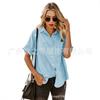 Camisa de Mezclilla Fina de Manga Corta para Mujer, Comercio Transfronterizo, Cuello Campana, Mangas Enrolladas, Doble Bolsillo, Camisa Casual Holgada al por Mayor