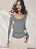 Shengdu26 Primavera Nuevo Estilo Coreano Cuello en U Grande Canalé Adelgazante Versátil Manga Larga Suéter de Punto Prenda Base