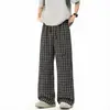 Calça Xadrez Estilo Americano com Cordão, Caimento Solto, Perna Curva, para Homens e Mulheres, Moda Outono 2026, Perna Larga, Comprimento no Chão, Casual
