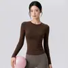 Roupa de Yoga Feminina Manga Longa Slim Fit Gola Redonda Top Esportivo Pilates Fitness Camisa Base Justa Elástica Secagem Rápida Camiseta