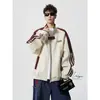 Sudadera con Capucha de Estilo Universitario a Rayas de Peso Pesado para Hombres y Mujeres Otoño Tendencia Marca Bloque de Color Chaqueta Casual Ropa Exterior Cárdigan Suelto Desconstruido