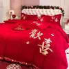 Conjunto de Casamento de Quatro Peças Bordado Dragão e Fênix Chinês de Luxo Capa de Edredom Vermelha de Algodão Puro Roupa de Cama Festiva de Luxo para Casamento