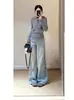 Jeans Acampanados de Tiro Bajo Estilo Americano Azul Claro Pequeños para Mujer, Pantalones Rectos Ajustados de Longitud Completa Novedad de Otoño
