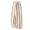 Pantalones de pierna ancha 100% lana pura para mujer para otoño e invierno, pantalones rectos de punto de cintura alta con costura central, de largo hasta el suelo, extralargos y con caída