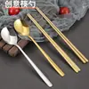 Palitos de Ouro Sólido Planos Domésticos Transfronteiriços Quadrados para Churrasco Comercial Restaurante Talheres Palitos de Aço Inoxidável Coreanos e Colheres de Sopa