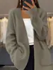 Comercio Exterior Ropa de Mujer 2024 Otoño e Invierno Nuevo Cardigan de Punto Grueso Color Sólido con Cordones Bolsillo de Solapa Suelto Pantalones Chaqueta Suéter