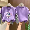 Camiseta de manga longa respirável de algodão puro para meninos, camada base para primavera e outono, novo visual estiloso de duas peças, top estampado versátil