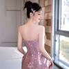 Vestido de noche tipo tubo rosa degradado con lazo y lentejuelas elegante de lujo ligero nicho sentido europeo y americano socialité banquete