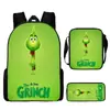 Monstro de Cabelo Verde Grinch Mochila Escolar Grinch Transfronteiriça Nova Mochila Escolar Mochila Cartoon Conjunto de Três Peças Bolsa Lateral Estojo