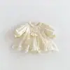 Vestido Princesa de Renda para Bebê Primavera e Outono, Vestido de Tule com Manga Bufante e Laço, Vestido de Aniversário para Recém-nascido e Bebê de Um Ano