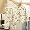 Conjunto de Pijama Infantil Forrado com Fleece Espessado Flanela Meninos Meninas Quente Roupa de Casa Conjunto Cardigã Roupa Infantil para Bebês