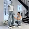 Calça Jeans de Rua Estilo Americano com Strass para Homens, Calças Retas de Perna Larga com Padrão de Estrelas, Marca Tendência, Estilo Streetwear Cool, Calças Levemente Abertas