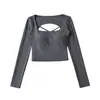 Camiseta Estilo Americano de Garota Popular com Bojo Costas Nuas Manga Longa Outono Novo Doce Sexy Slim Fit Cintura Alta Top Curto