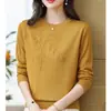 Camisa básica redonda bordada, nova moda primavera e outono, elegante de manga comprida, tricô liso que rejuvenesce para mulheres, roxo