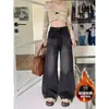Jeans de Sarja Retrô Americano Tamanho Plus Feminino Estilo Outono/Inverno Tamanho Plus Solto Emagrecedor Cintura Alta Perna Reta Perna Larga Calças Comprimento Total