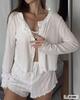 Conjunto de Tres Piezas de Ropa de Casa para Mujer, Informal y Cómodo, de Manga Larga con Shorts, Cárdigan de Tirantes y Pijama con Botones y Dobladillo, de Venta Caliente Transfronteriza