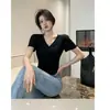 Camiseta de manga corta de hilo de verano al por mayor transfronteriza, top corto de manga corta para mujer, nicho único, cuello en V, corto, deseo puro