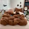 Juego de Cama de Cuatro Piezas de Algodón Lavado Clase A para Dormir Desnudo en la Cama, Funda Nórdica de Lino Color Sólido, Sábana Plana, Sábana Ajustable, Juego de Tres Piezas para Dormitorio Estudiantil
