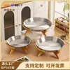 Hecho a Medida de Fábrica Marco de Bambú de Patas Altas Placa de Acero Inoxidable con Fondo Plano, Plato para Mariscos, Plato Redondo para Barbacoa, Plato Redondo para Pizza de Cocina, Plato para Frutas