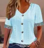 Moda Femenina Transfronteriza Primavera/Verano 2025 Estación Independiente de Amazon Europea y Americana Nueva Camiseta Jacquard Hueco Cuello en V Botón Encaje Patchwork