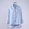 Conjunto de Pijama Longo Listrado Estilo Europeu e Americano Transfronteiriço Primavera e Verão Feminino Roupa de Casa Confortável Respirável Fino Conjunto de Duas Peças 2026