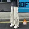 Pantalones cargo parachute gruesos con forro polar de estilo americano para hombre, marca trendy de invierno, pantalones largos de pierna ancha retro, pantalones casuales de alta calle
