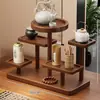 Estante de exhibición estilo chino retro para tazas de té y teteras, estante de madera maciza para tazas de escritorio, estante de exhibición de varias capas para sala de té