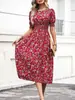 Vestido Verano Europeo y Americano Comercio Exterior Transfronterizo Nuevo Estilo para Mujer Amazon Aliexpress Estampado Floral Vestido de Manga Abullonada