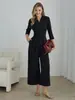 Ropa Europea y Americana para Mujer Transfronteriza Primavera y Otoño 2025 Mono Elegante de Color Puro con Cuello en V de Media Manga de Pierna Ancha